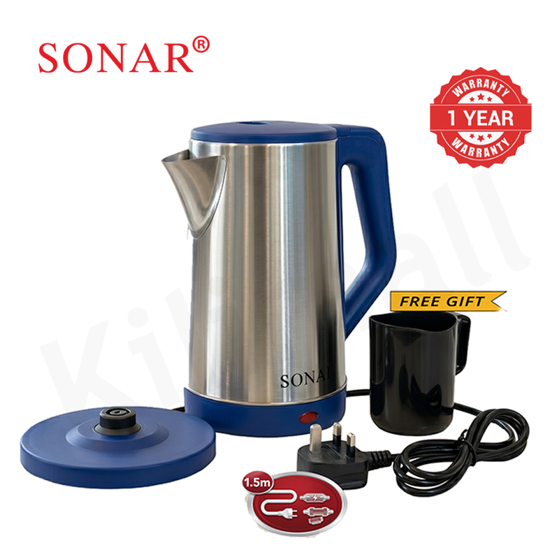 Sonar 2L 1500W Stainless Steel Electric Kettle with 1.5M Fused Power Cord Energy Efficient Heater Jug Cordless Electric Kettle SR-X2