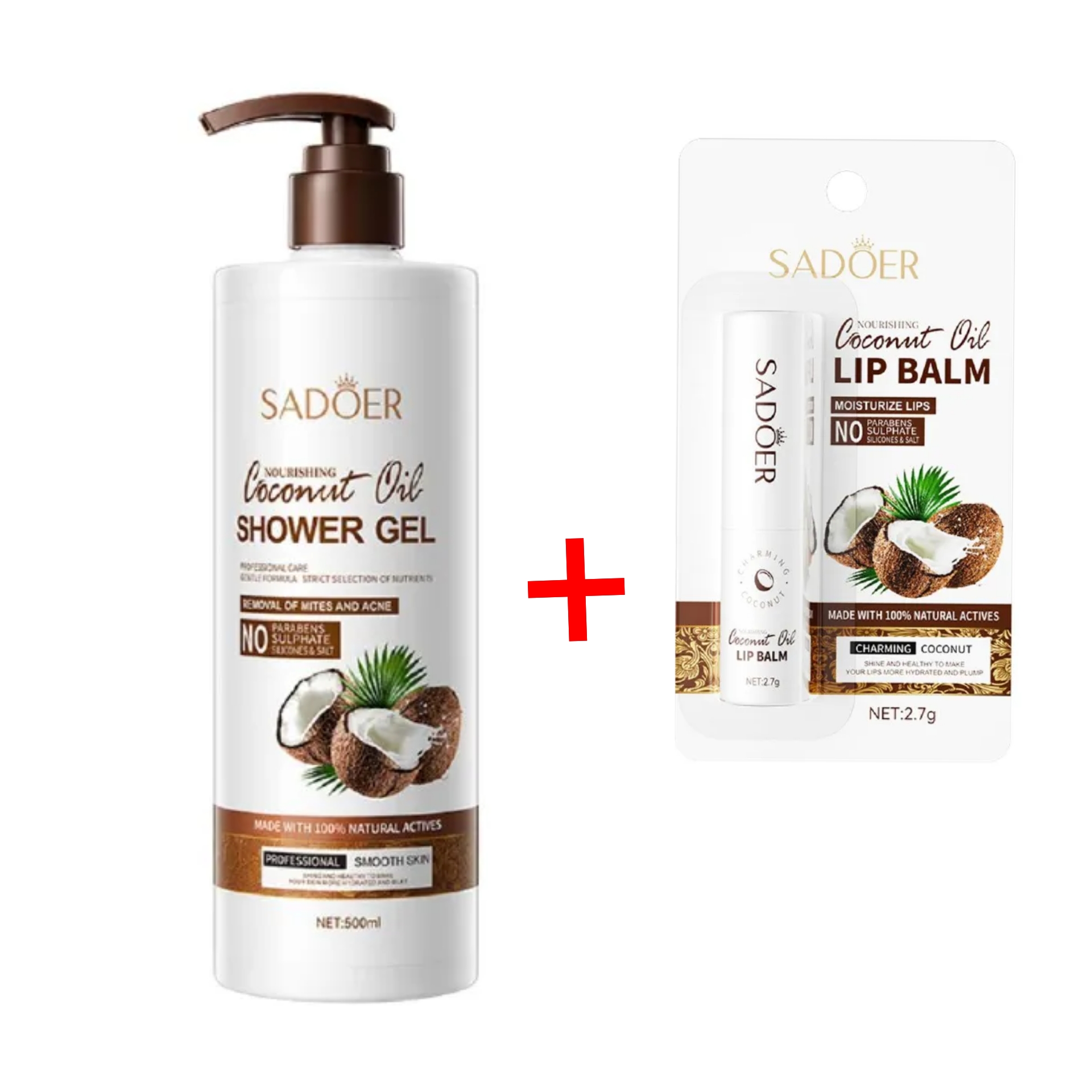 SADOER Coconut Body Wash Shower Gel + Lip Balm Amino Acid Clean gently Nourishing skin Moisturizing Fragrance Shower Gel remove dirt Remove mites Moisturize the cuticle grease control