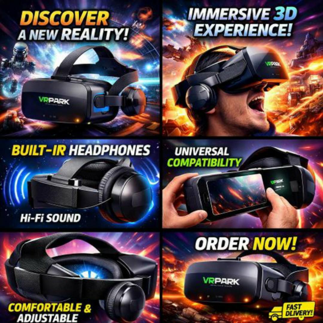 VR PARK Virtual Reality Headset - Immersive 3D VR Experience – Built-In Headphones, Adjustable Straps, Universal Compatibility