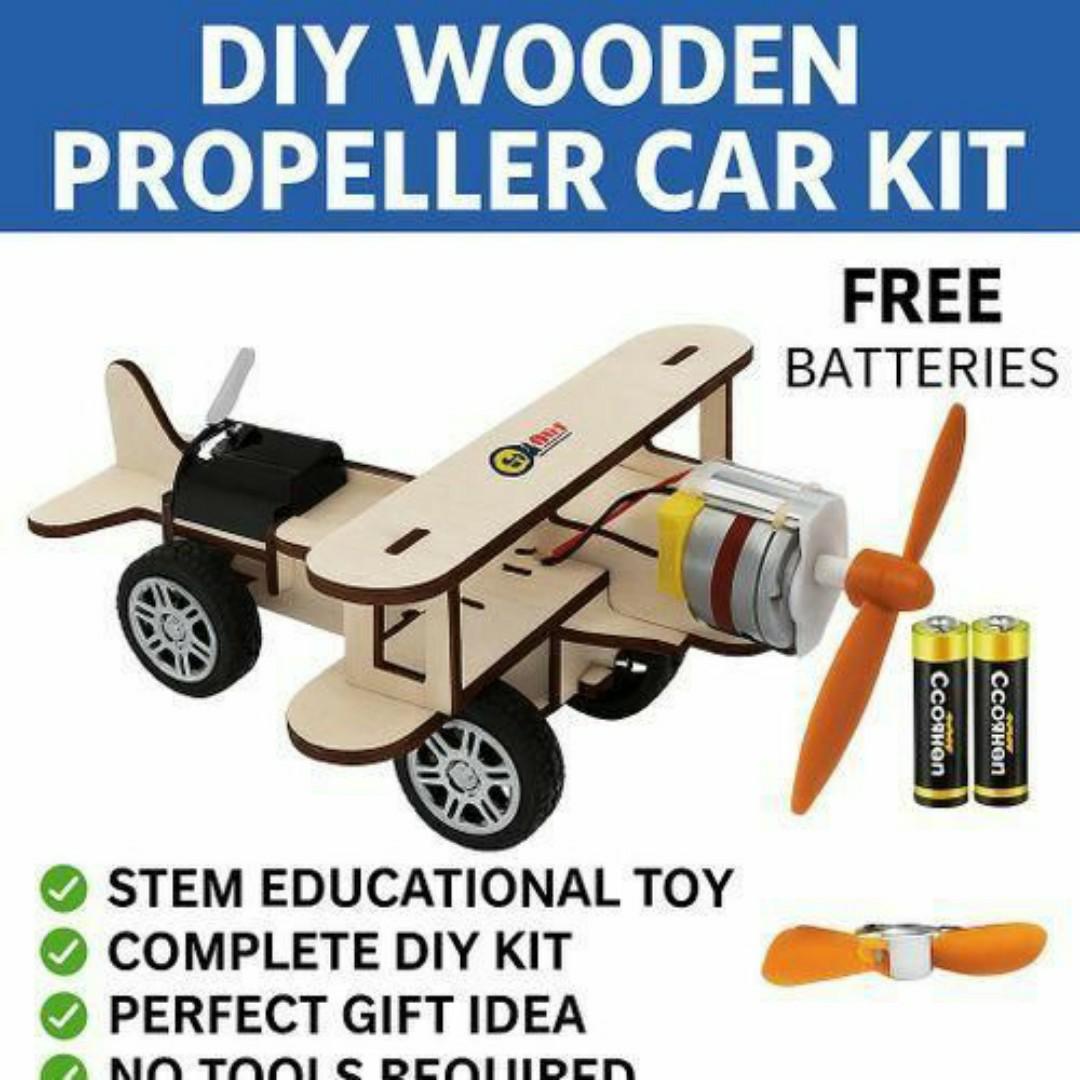 DIY Wooden Propeller Car Kit – STEM Educational Airplane Toy Cars with Free Batteries - Kids Science Project & Gift Toys Idea