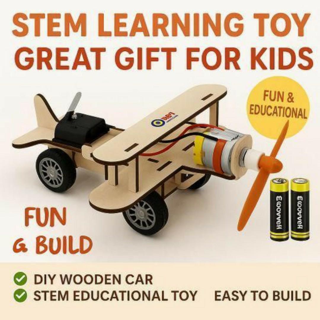 DIY Wooden Propeller Car Kit – STEM Educational Airplane Toy Cars with Free Batteries - Kids Science Project & Gift Toys Idea