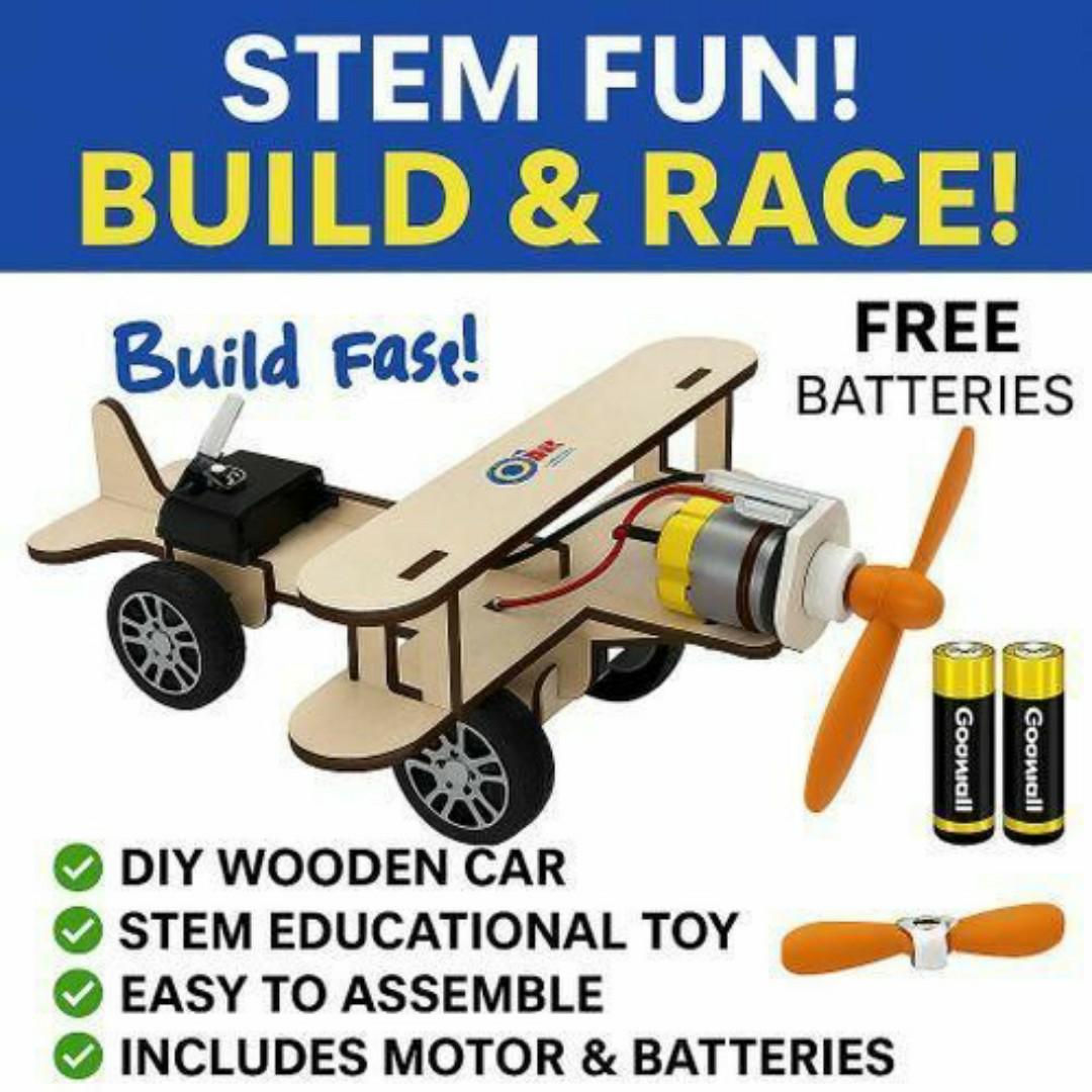DIY Wooden Propeller Car Kit – STEM Educational Airplane Toy Cars with Free Batteries - Kids Science Project & Gift Toys Idea