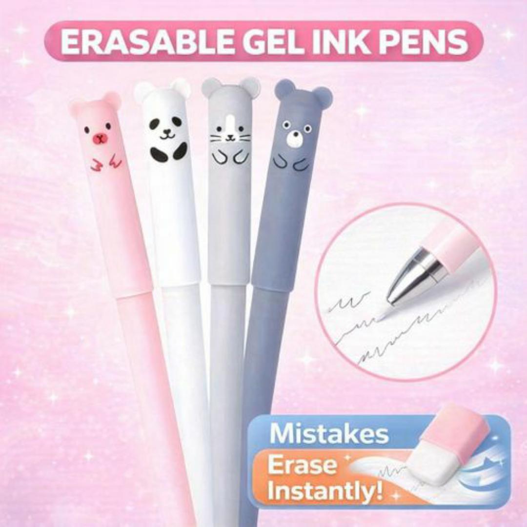 Magic Erasable Gel Pen – Write, Erase, Rewrite! Fun Animal Design for School & Work - Blue Ink Colour Pens