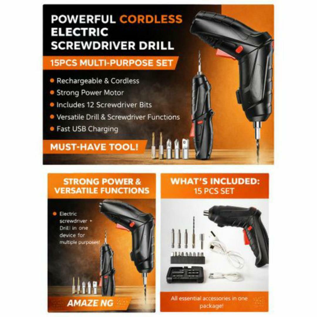 Rechargeable Electric Screwdriver Cordless Drill – 15PCS Multi Purpose Tool Kit with Bits & USB Cable