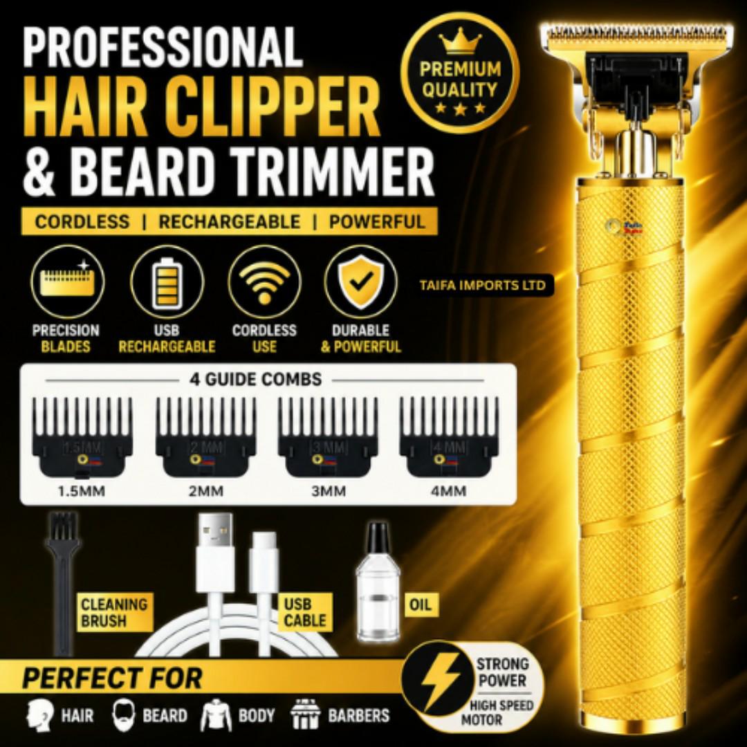 ​🔥 2026 PRO Gold Hair Clipper & Beard Trimmer | Heavy Duty Kinyozi Shaving Machine | Cordless USB Rechargeable Precision Trimmer - GOLD EDITION