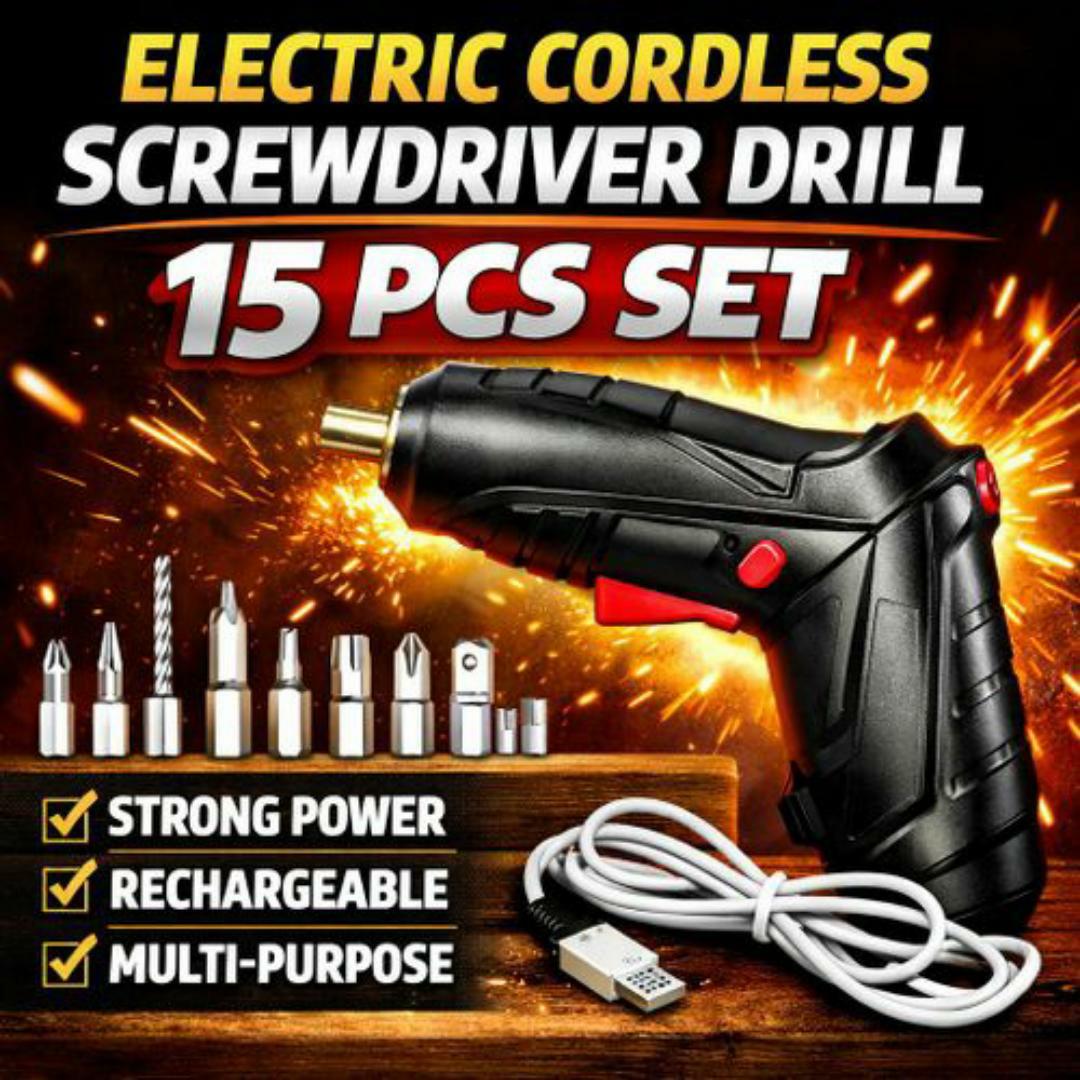 Rechargeable Electric Screwdriver Cordless Drill – 15PCS Multi Purpose Tool Kit with Bits & USB Cable