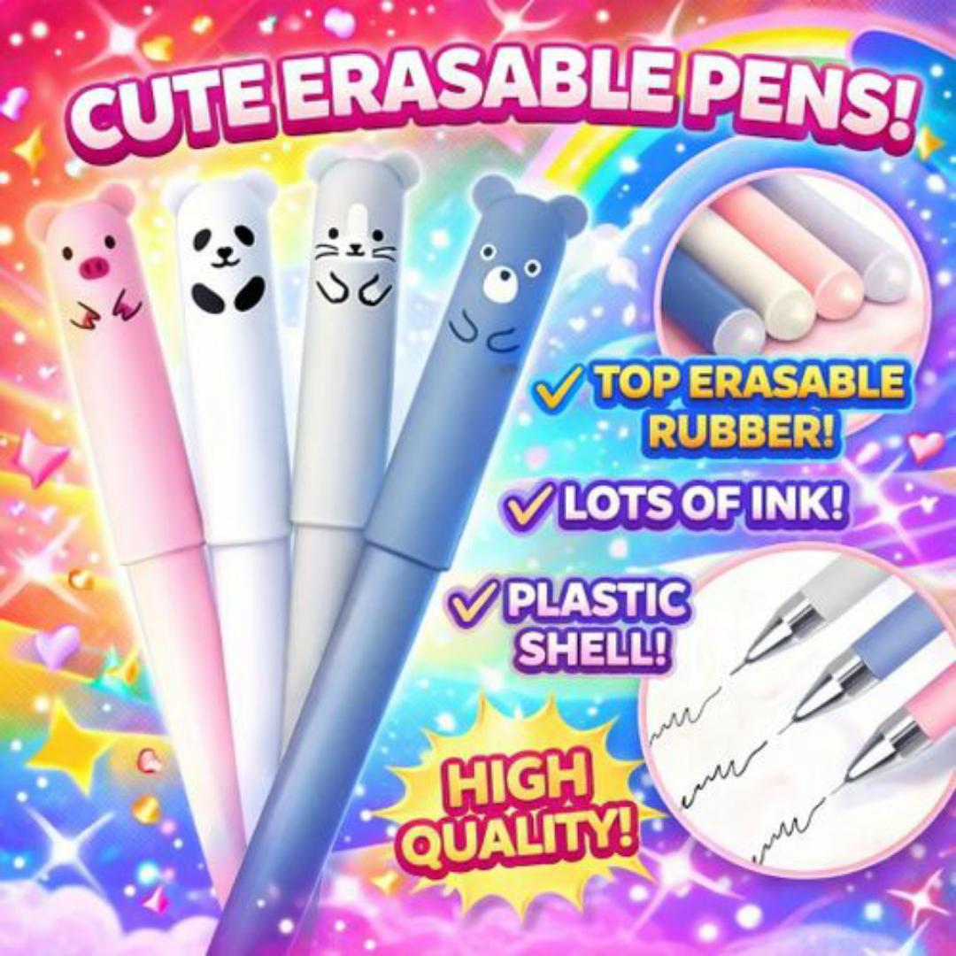 Magic Erasable Gel Pen – Write, Erase, Rewrite! Fun Animal Design for School & Work - Blue Ink Colour Pens