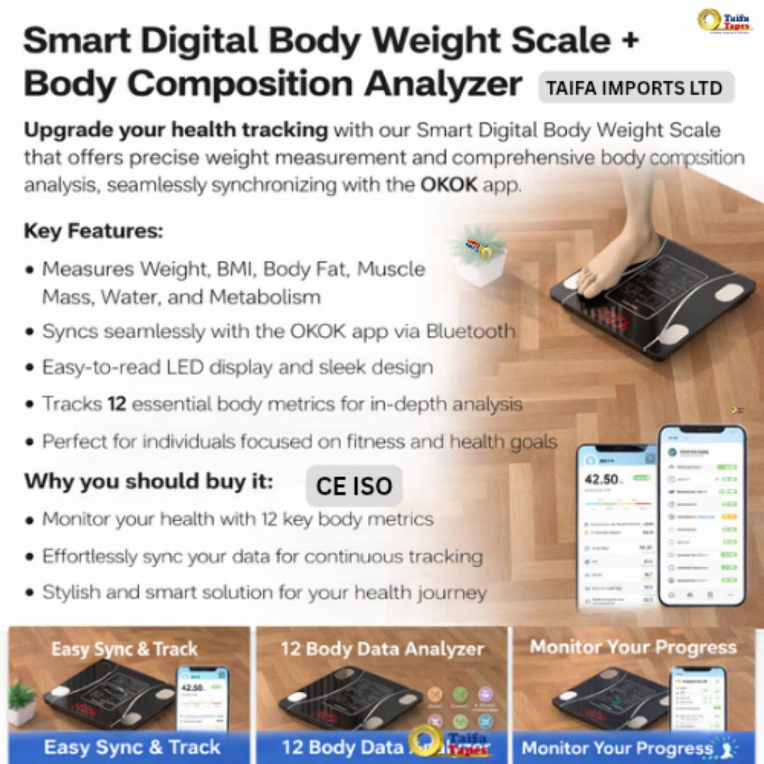 Okok BMI SMART DIGITAL WEIGHING SCALE MACHINE INTELLIGENT BODY FAT SCALE WITH FITNESS TRACKER MONITOR - 18 Health Metrics, App Synced, Temperature Monitor