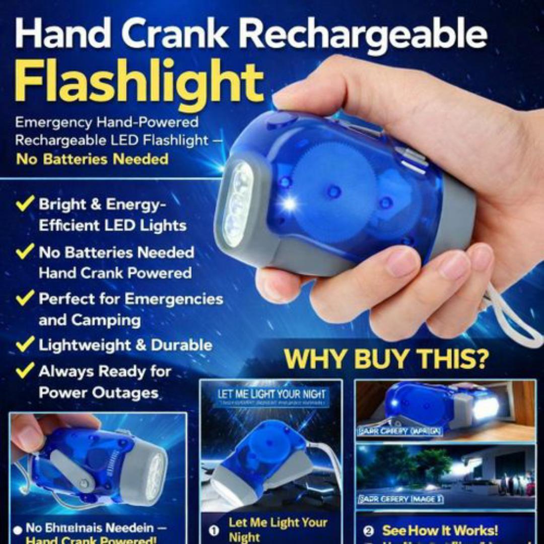 Emergency Hand Crank Generator LED Flashlight – No Batteries Needed, No Charging Needed, Perfect for Camping & Power Outages - 3 LED Lights