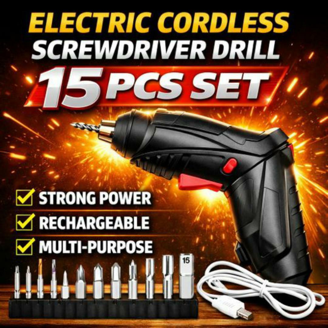 Rechargeable Electric Screwdriver Cordless Drill – 15PCS Multi Purpose Tool Kit with Bits & USB Cable