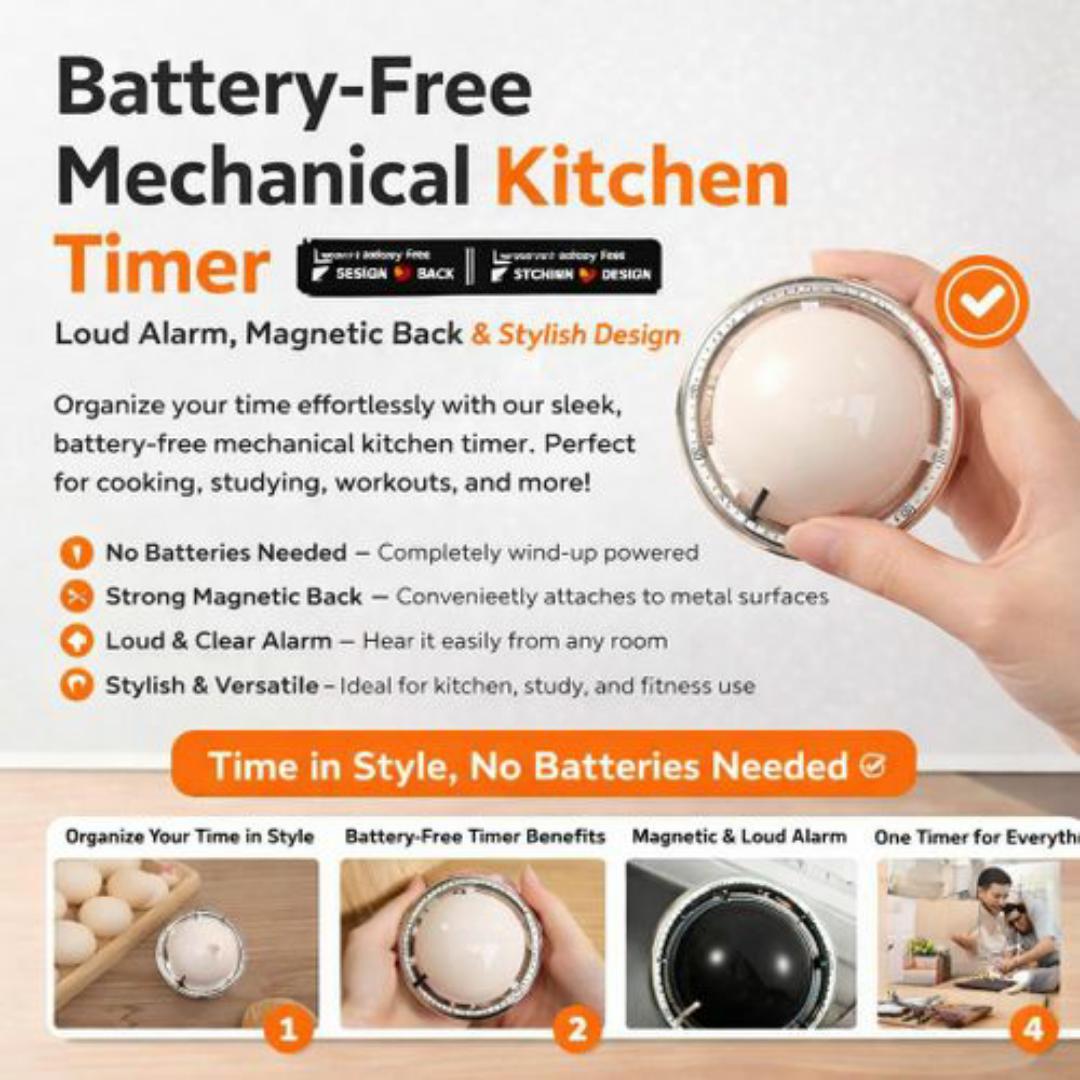 Mechanical Kitchen Timer - 60 Min Countdown Clock, Magnetic Back, 75dB Loud Alarm, No Battery Required Wind Up Timer For Cooking, Studying & Workout
