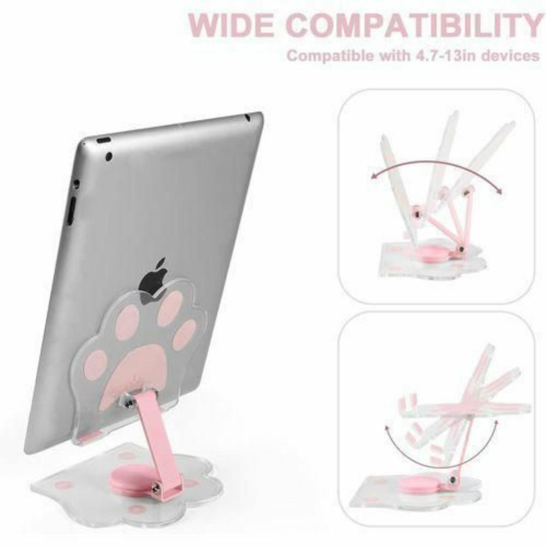 Cat Paw Acrylic Tablet Stand 360° Rotating Adjustable Holder for Phones & Tablets - Universal Holder for Devices up to 15" - Pink / Black