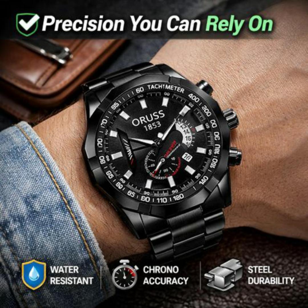 1853 Luxury Chronograph Watches for Men - Stainless Steel Tachymeter - Elegant Wristwatch in Gift Box & Bracelet Tool