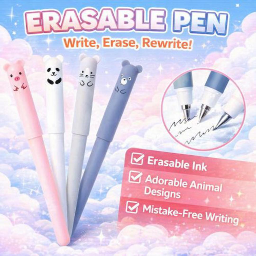 Magic Erasable Gel Pen – Write, Erase, Rewrite! Fun Animal Design for School & Work - Blue Ink Colour Pens