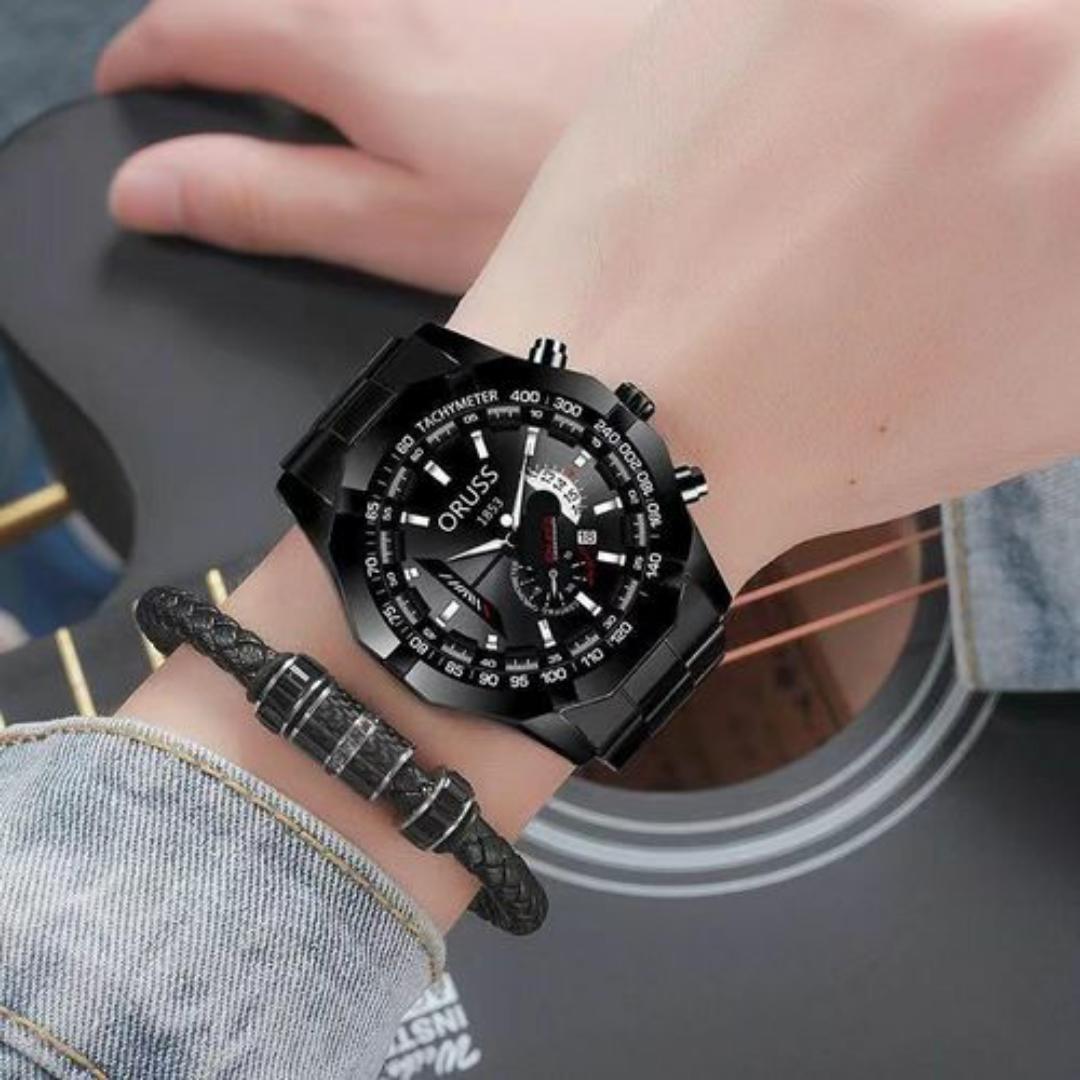1853 Luxury Chronograph Watches for Men - Stainless Steel Tachymeter - Elegant Wristwatch in Gift Box & Bracelet Tool