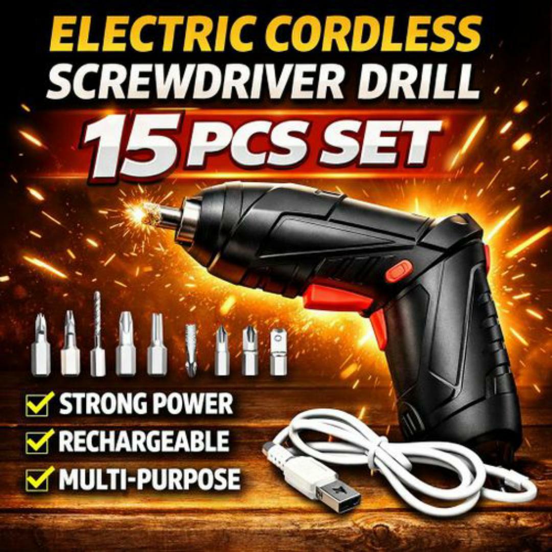 Rechargeable Electric Screwdriver Cordless Drill – 15PCS Multi Purpose Tool Kit with Bits & USB Cable