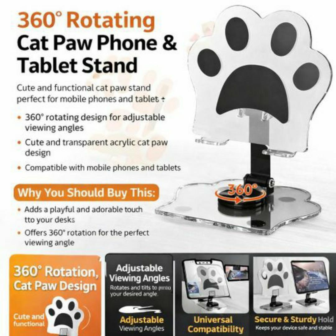 Cat Paw Acrylic Tablet Stand 360° Rotating Adjustable Holder for Phones & Tablets - Universal Holder for Devices up to 15" - Pink / Black