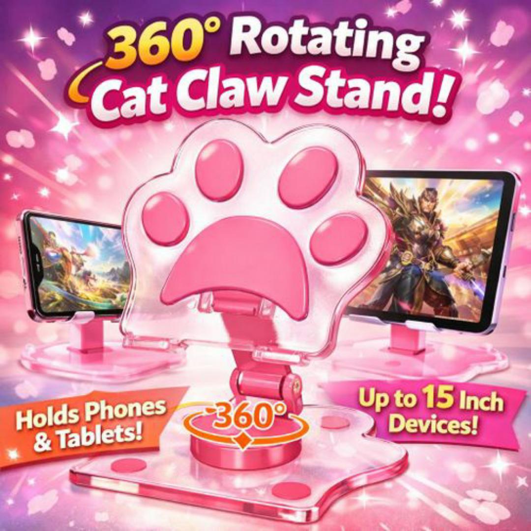 Cat Paw Acrylic Tablet Stand 360° Rotating Adjustable Holder for Phones & Tablets - Universal Holder for Devices up to 15" - Pink / Black