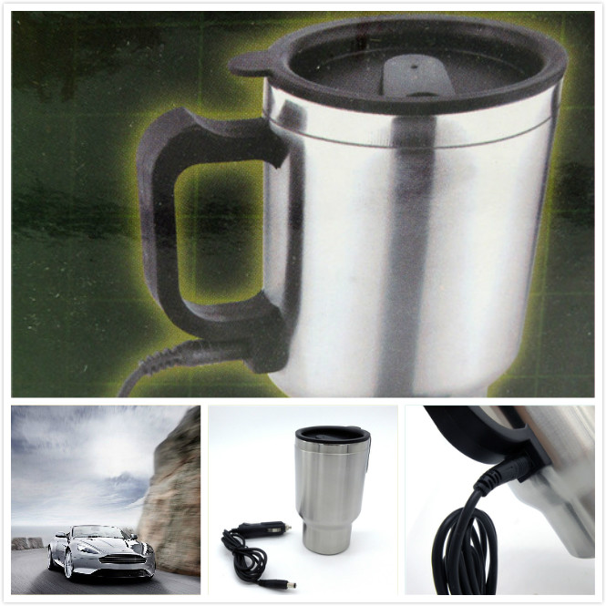 Portable 12V Stainless Steel Silver Heating Car Drink Mug Mini Thermal Mug Hot Drink Travel Cup
