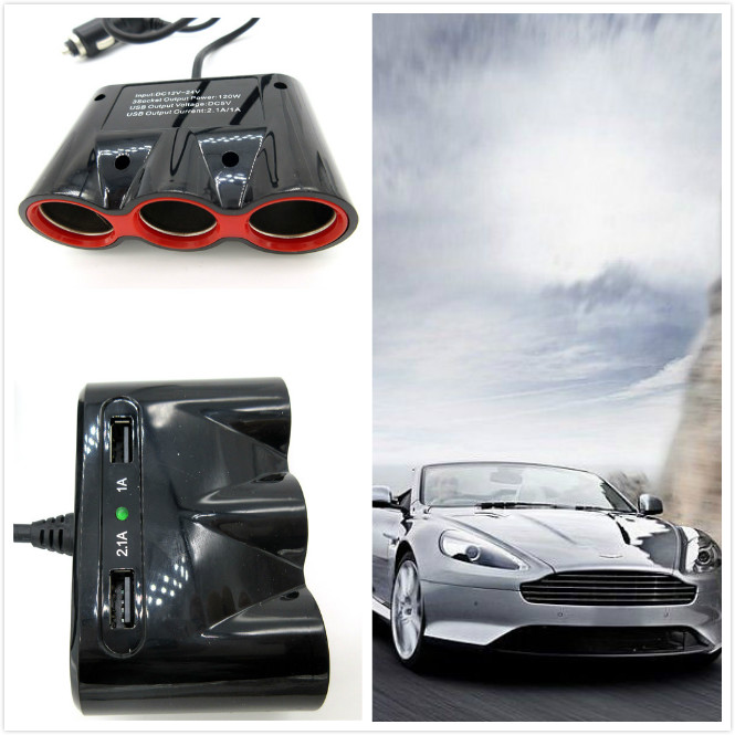 3.1A 120W Output Power 3 USB Auto Sockets Car Charger Adapter Cigarette Lighter Splitter Adapter