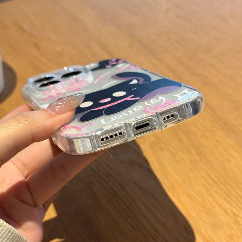 Anti-Fall Black Cat Phone Strap Case for iPhone 17 16 15 Cute Cartoon TPU Soft Silicone Mobile Accessories Phone Case