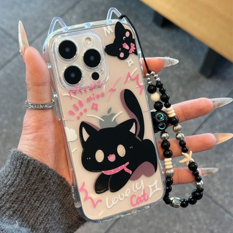 Anti-Fall Black Cat Phone Strap Case for iPhone 17 16 15 Cute Cartoon TPU Soft Silicone Mobile Accessories Phone Case