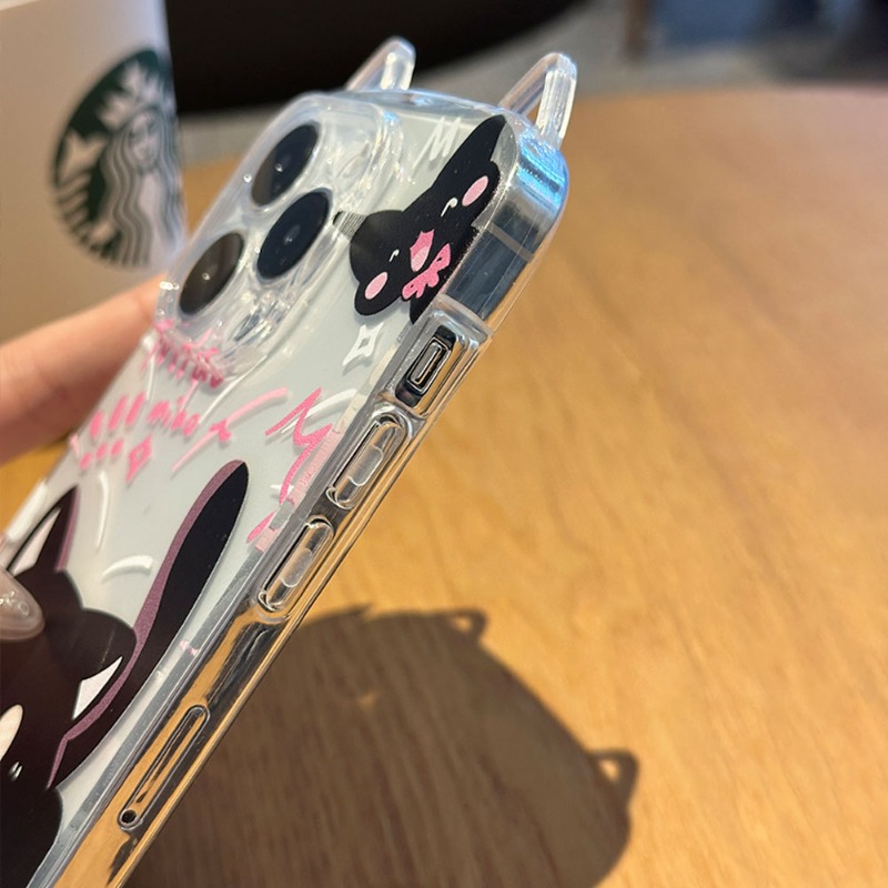 Anti-Fall Black Cat Phone Strap Case for iPhone 17 16 15 Cute Cartoon TPU Soft Silicone Mobile Accessories Phone Case