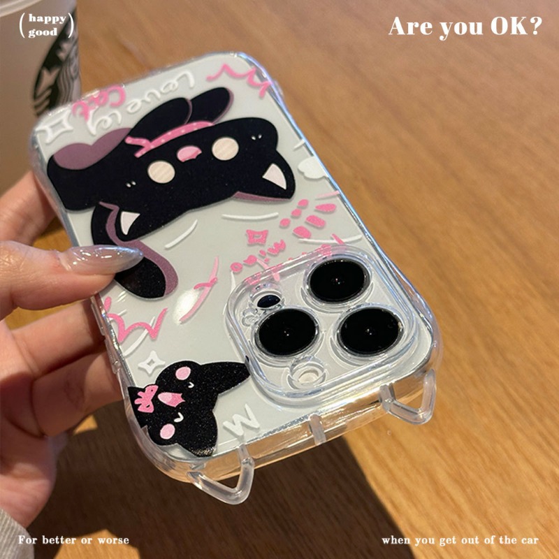 Anti-Fall Black Cat Phone Strap Case for iPhone 17 16 15 Cute Cartoon TPU Soft Silicone Mobile Accessories Phone Case