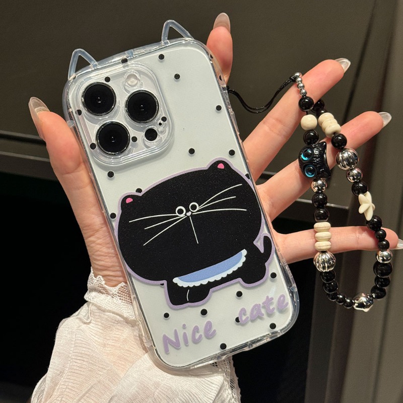 Anti-Fall Black Cat Phone Strap Case for iPhone 17 16 15 Cute Cartoon TPU Soft Silicone Mobile Accessories Phone Case