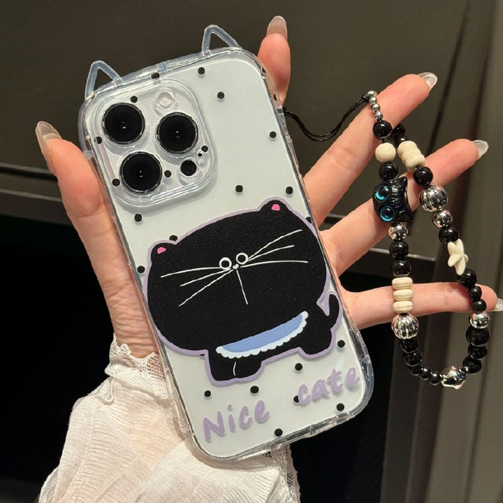 Anti-Fall Black Cat Phone Strap Case for iPhone 17 16 15 Cute Cartoon TPU Soft Silicone Mobile Accessories Phone Case