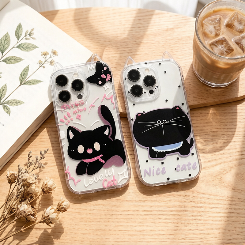 Anti-Fall Black Cat Phone Strap Case for iPhone 17 16 15 Cute Cartoon TPU Soft Silicone Mobile Accessories Phone Case
