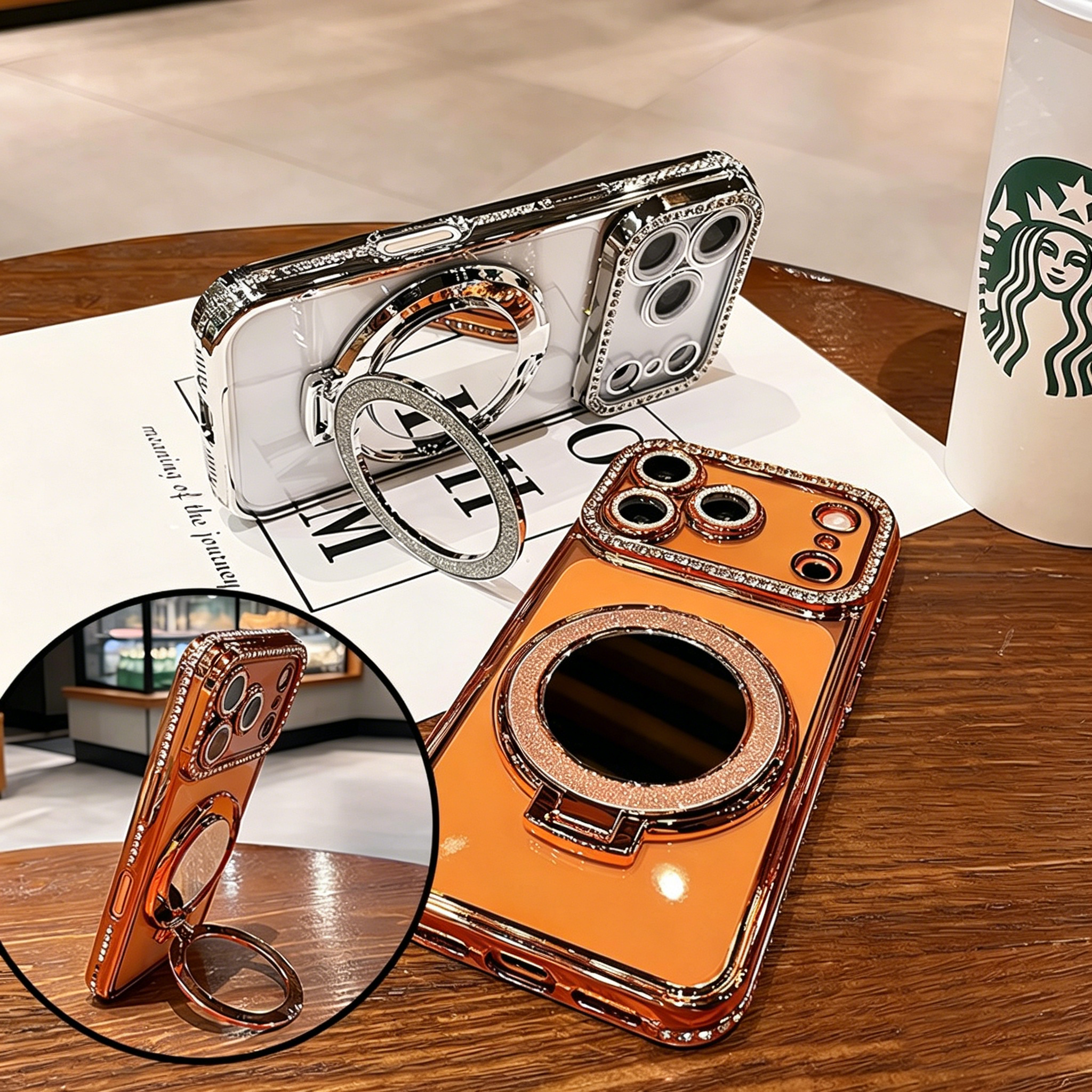 Luxury Phone Case with Mirror Magnetic Kickstand 360° Rotatable Ring Holder Shockproof Plating Case for iPhone 17 17Pro 16 Promax 15 14Pro 13plus 12Pro 11