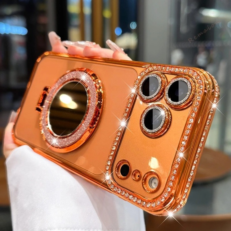Luxury Phone Case with Mirror Magnetic Kickstand 360° Rotatable Ring Holder Shockproof Plating Case for iPhone 17 17Pro 16 Promax 15 14Pro 13plus 12Pro 11