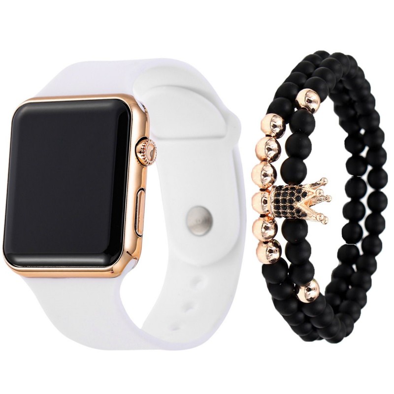 Fashion LED Digital Watch + 2PCS Bracelet Set , Luminous Electroplated Sports Electronic Watch Wrist Watch For Men And Women Crown Charm Bracelet Jewelry Gift Set