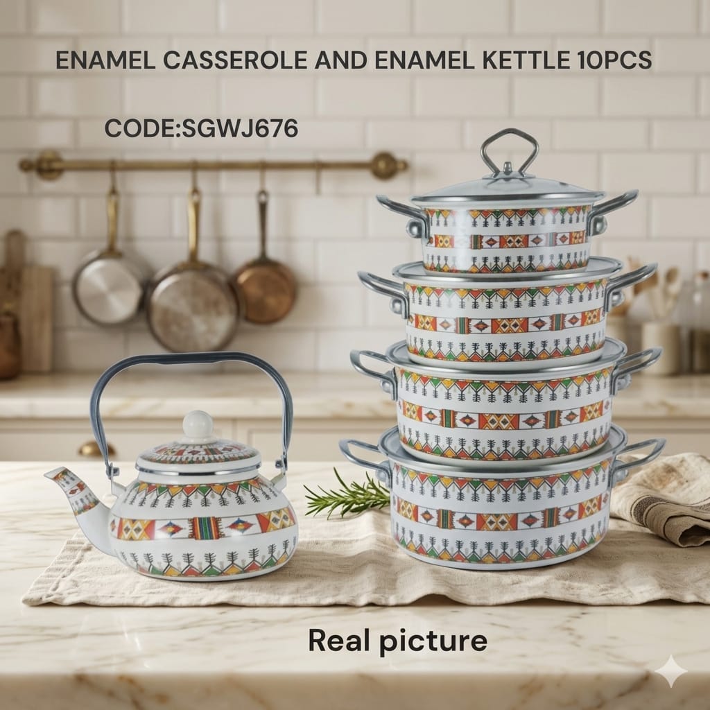 🍲 Original Enamel Casserole & Kettle Set SG-WJ-676 – 5PCS Durable Cookware Set | 18–26cm Enamel Pots + 2500ml Enamel Kettle