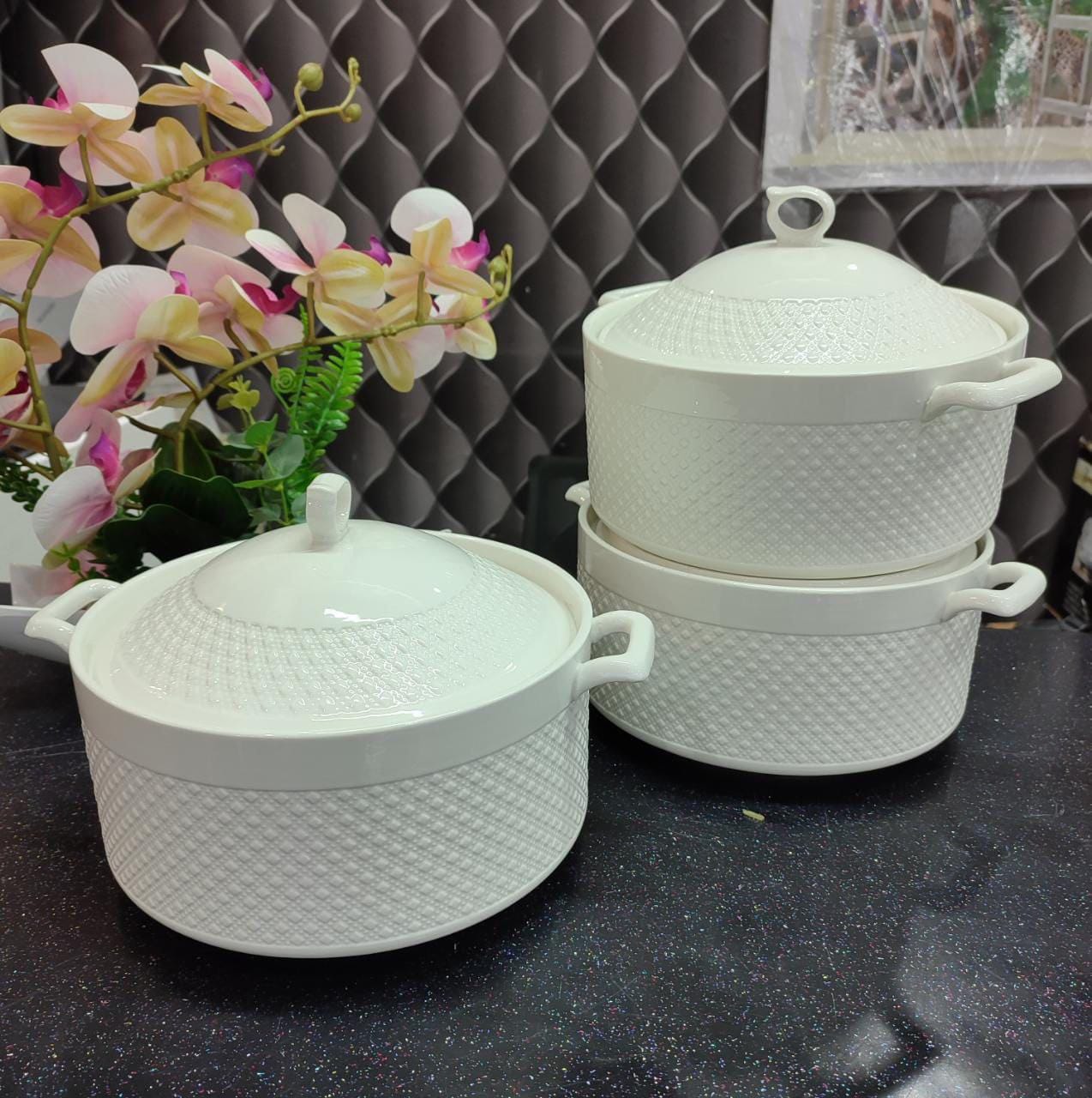 ✨ Premium 3-Piece Jumbo Ceramic Serving Bowl Set | Extra-Large 3.6L Capacity | Classy Heat-Resistant Deep Serving Basin Collection 🔹