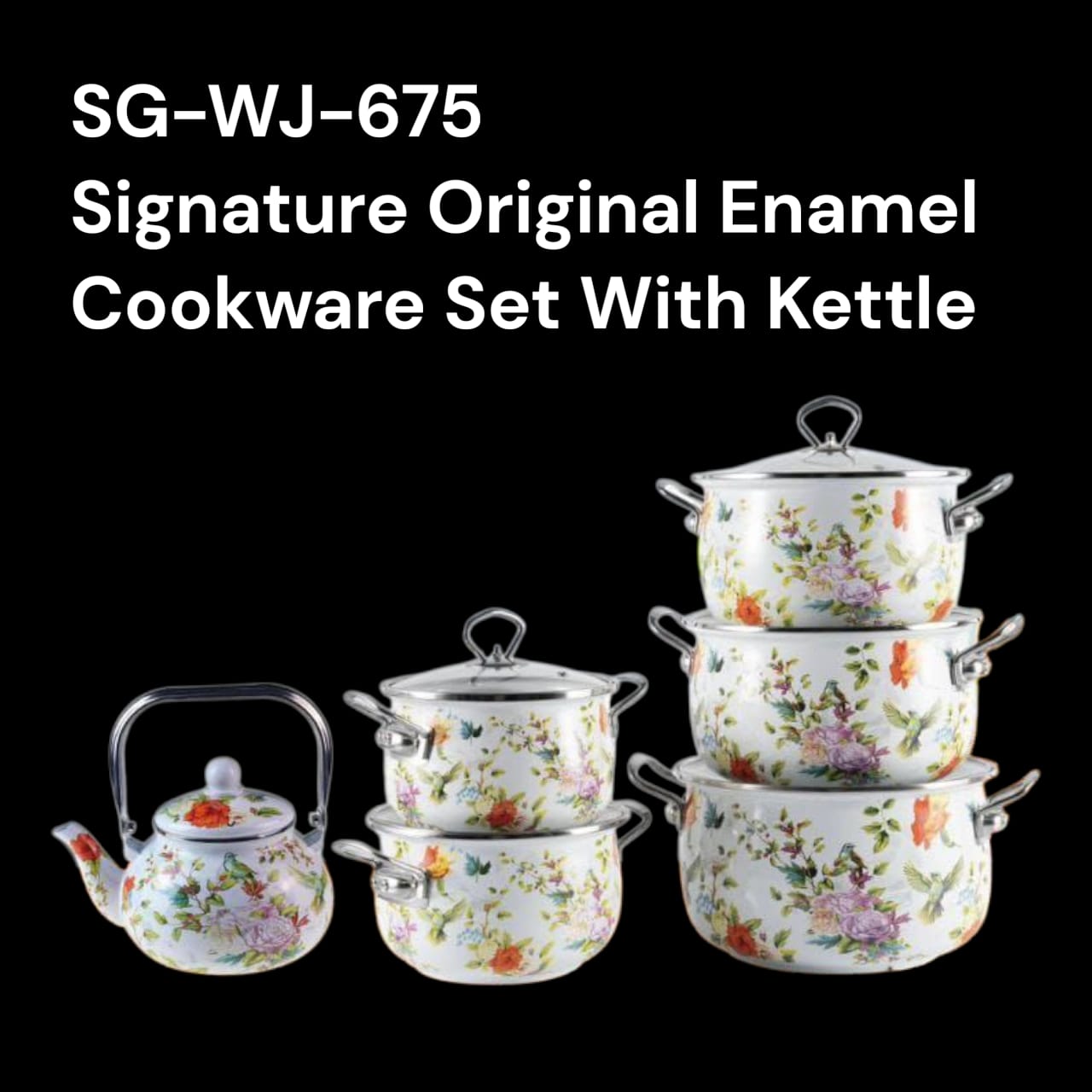 🍲 Signature Original Enamel Cookware Set SG-WJ-675 – 5PCS Casserole Pots with Kettle | Durable Enamel Cooking Set (16–26cm)