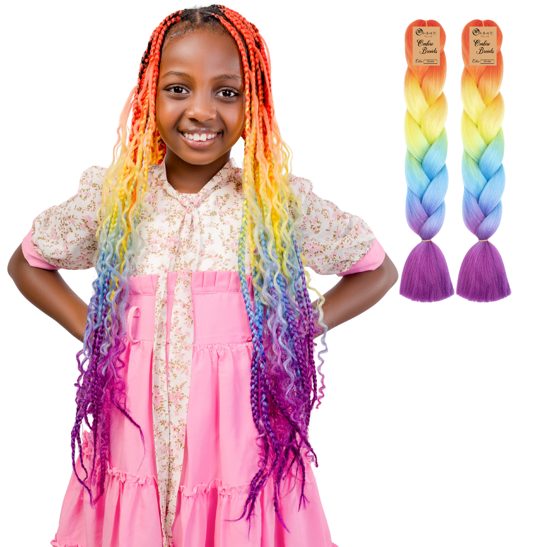 2 packs D4 Ombre Braid - Rainbow Ombre Braiding Hair for Box Braids Cornrows Knotless Braids and Twists Hairstyles - Four-Toned Ombre Braid with Colors Orange, Yellow, Blue and Purple