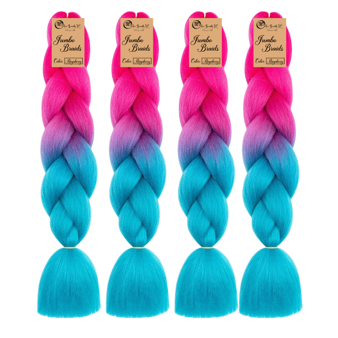4 packs B41 Ombre Braid - Raspberry Ombre Braiding Hair for Box Braids Cornrows Knotless Braids and Twists Hairstyles - Two-Toned Ombre Braid with Colors Pink and Cyan Blue