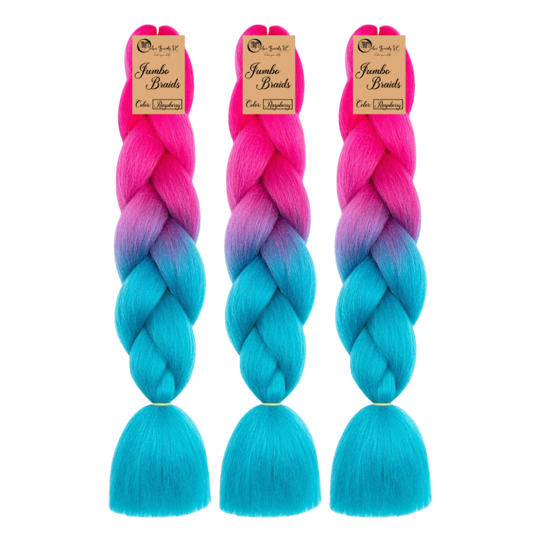 3 packs B41 Ombre Braid - Raspberry Ombre Braiding Hair for Box Braids Cornrows Knotless Braids and Twists Hairstyles - Two-Toned Ombre Braid with Colors Pink and Cyan Blue