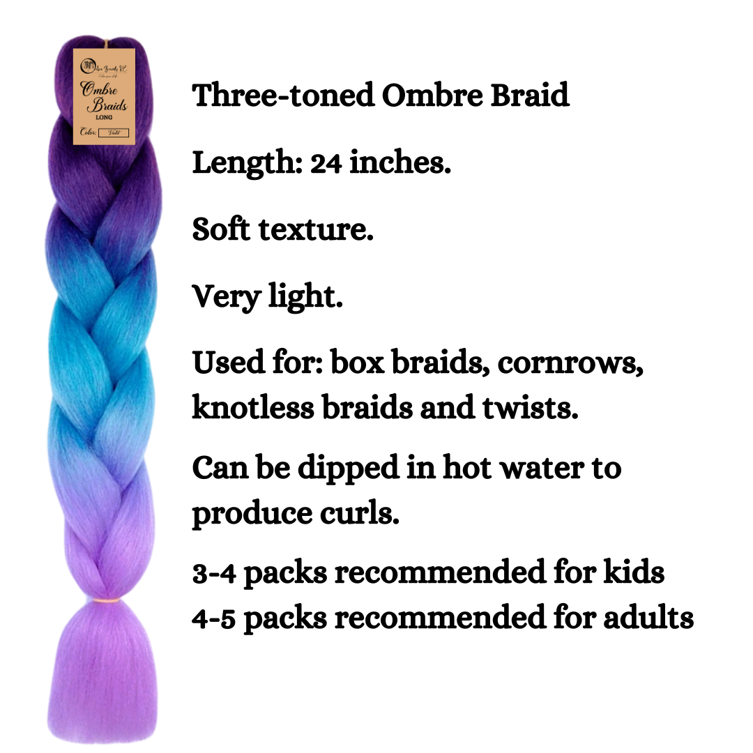 3 packs C26 Ombre Braid – Long Violet Ombre Braiding Hair for Box Braids Cornrows Knotless Braids and Twists Hairstyles - Three-Toned Ombre Braid with Colors Dark Purple, Blue and Lilac