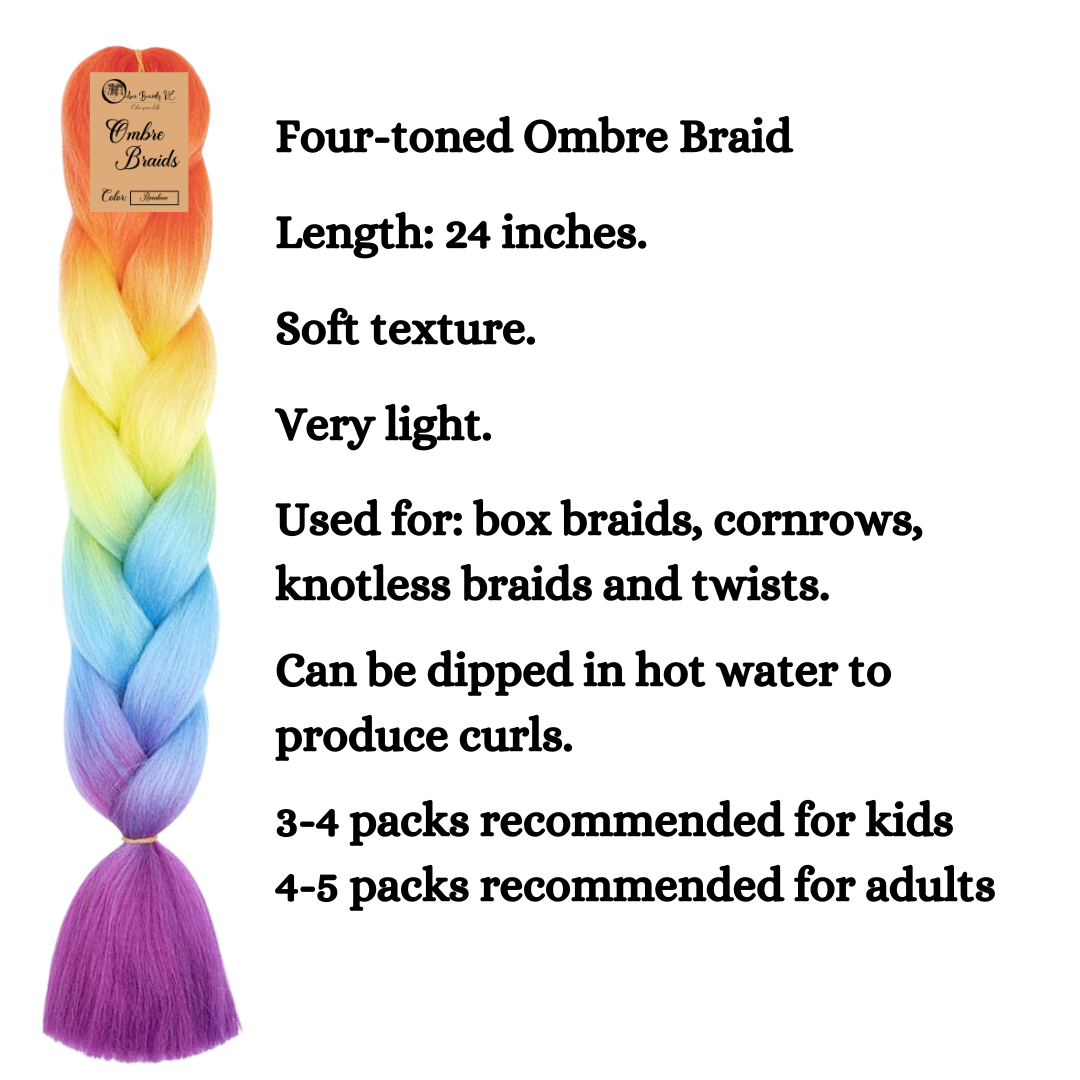 2 packs D4 Ombre Braid - Rainbow Ombre Braiding Hair for Box Braids Cornrows Knotless Braids and Twists Hairstyles - Four-Toned Ombre Braid with Colors Orange, Yellow, Blue and Purple