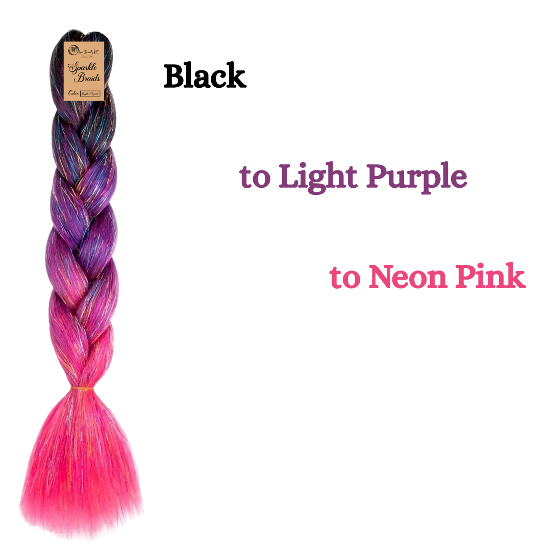 2 packs Sparkle Braids for Kids Glitter Ombre Braiding Hair Bright Magenta Sparkle Braid for Box Braids Cornrows Knotless Braids and Twists Hairstyles with Colors Black Light Purple and Neon Pink