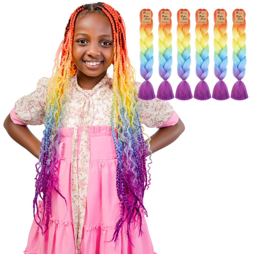 6 packs D4 Ombre Braid - Rainbow Ombre Braiding Hair for Box Braids Cornrows Knotless Braids and Twists Hairstyles - Four-Toned Ombre Braid with Colors Orange, Yellow, Blue and Purple