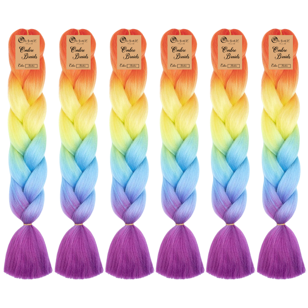 6 packs D4 Ombre Braid - Rainbow Ombre Braiding Hair for Box Braids Cornrows Knotless Braids and Twists Hairstyles - Four-Toned Ombre Braid with Colors Orange, Yellow, Blue and Purple