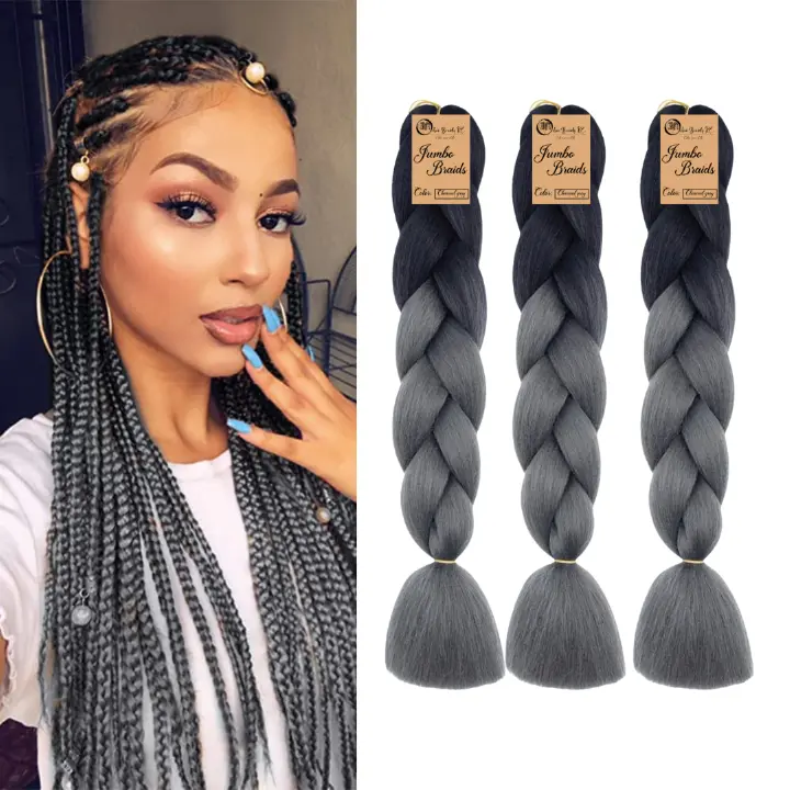 3 packs B35 Ombre Braid - Charcoal Gray Ombre Braiding Hair for Box Braids Cornrows Knotless Braids and Twists Hairstyles - Two-Toned Ombre Braid with Colors Black and Dark Grey