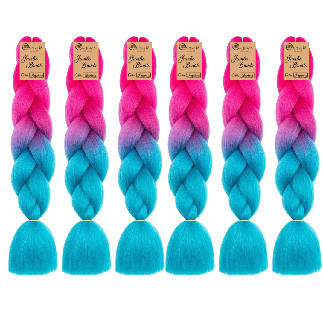 6 packs B41 Ombre Braid - Raspberry Ombre Braiding Hair for Box Braids Cornrows Knotless Braids and Twists Hairstyles - Two-Toned Ombre Braid with Colors Pink and Cyan Blue