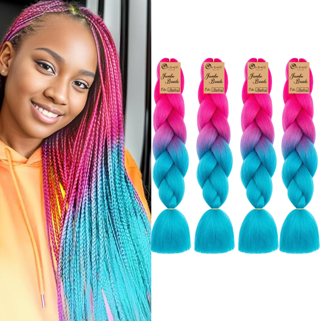 4 packs B41 Ombre Braid - Raspberry Ombre Braiding Hair for Box Braids Cornrows Knotless Braids and Twists Hairstyles - Two-Toned Ombre Braid with Colors Pink and Cyan Blue