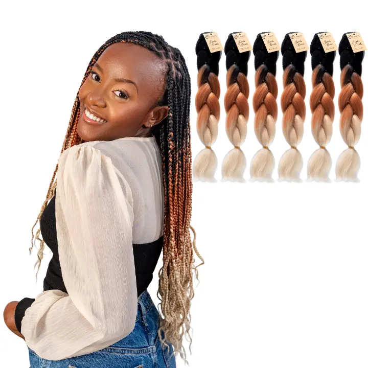 6 packs C15 Ombre Braid - Vanilla Ombre Braiding Hair for Box Braids Cornrows Knotless Braids and Twists Hairstyles - Three-Toned Ombre Braid with Colors Black, Golden Brown and Blonde