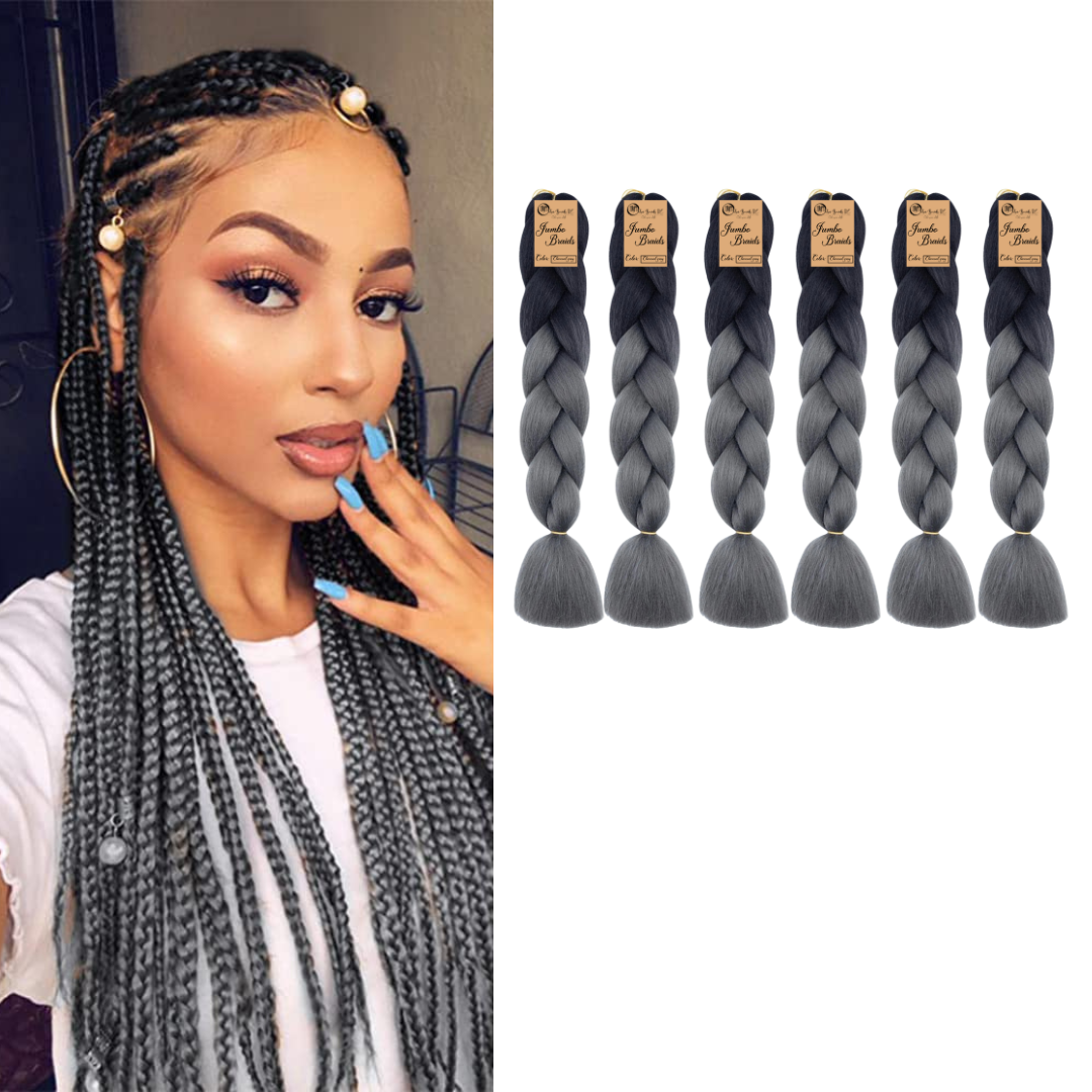 6 packs B35 Ombre Braid - Charcoal Gray Ombre Braiding Hair for Box Braids Cornrows Knotless Braids and Twists Hairstyles - Two-Toned Ombre Braid with Colors Black and Dark Grey